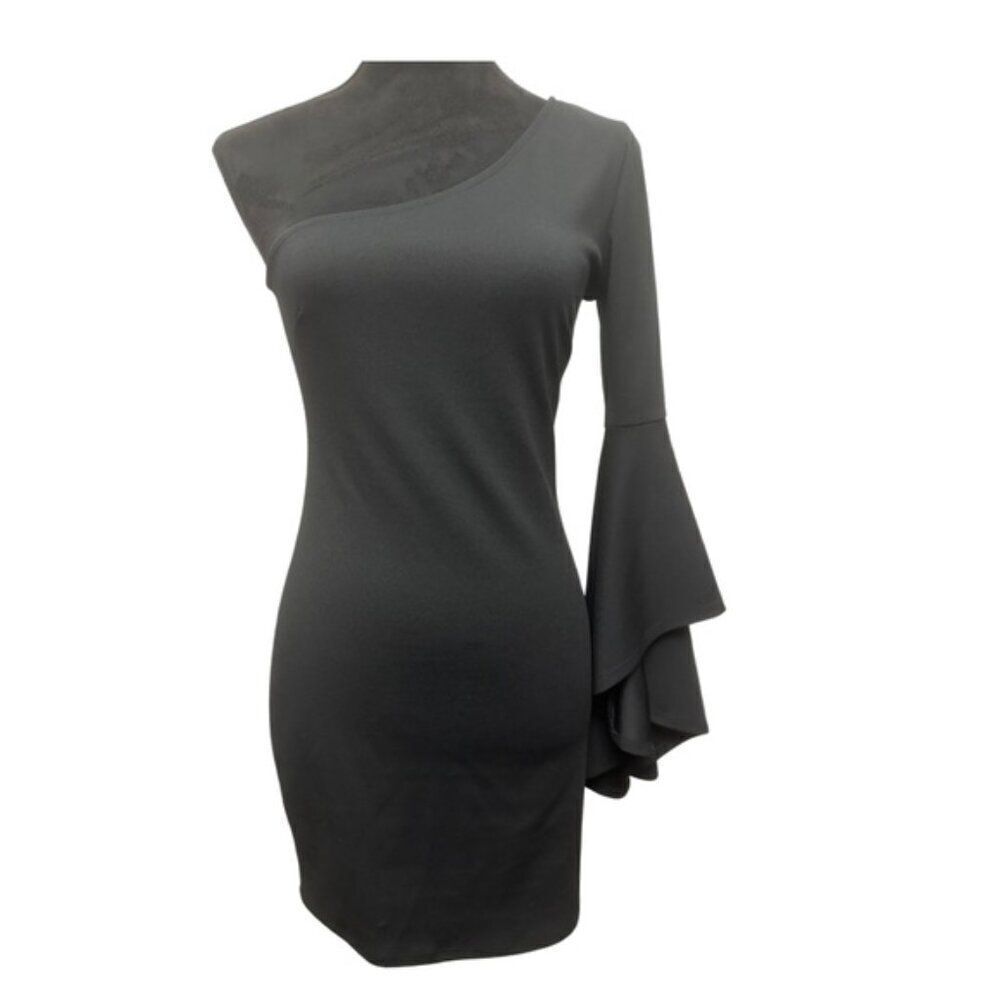 NOAN One Shoulder Flare Sleeve Dress Black